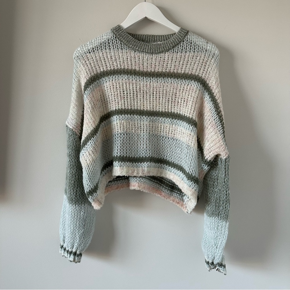 Altard State Christi Striped Pullover Blue Combo Medium Boxy Open Knit Light
